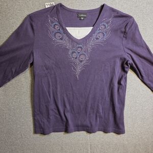 Womens Purple Long Sleeve Sequence Top Peacock Design Cottagecore Granny Large